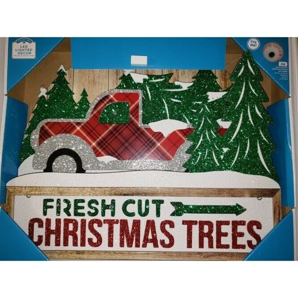 Led Lighted Sign Glitter Wood Christmas Red Truck Fresh Cut Christmas Trees - Picture 2 of 4